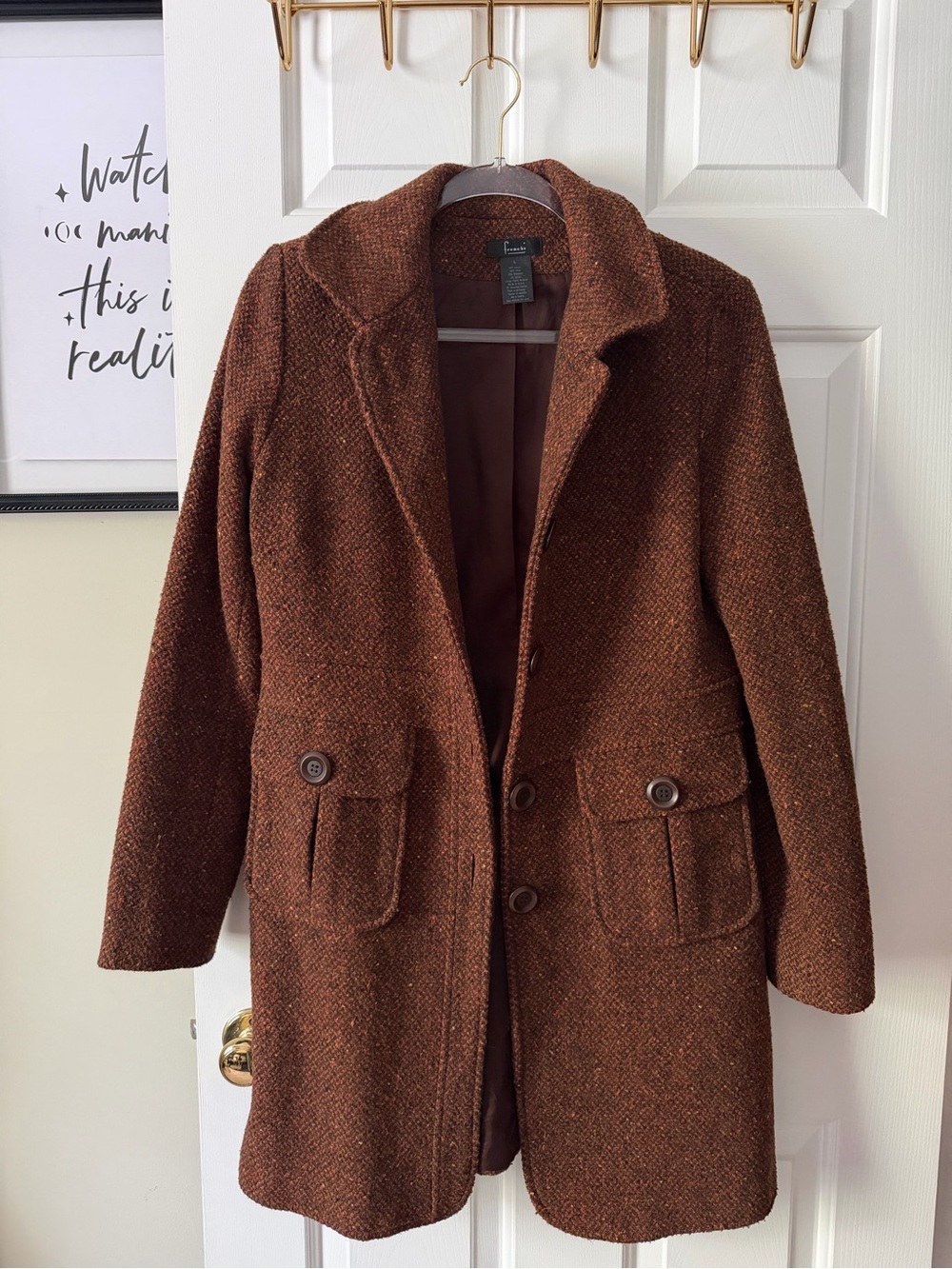 Frenchi Rust Brown Tweed Wool-Blend Peacoat